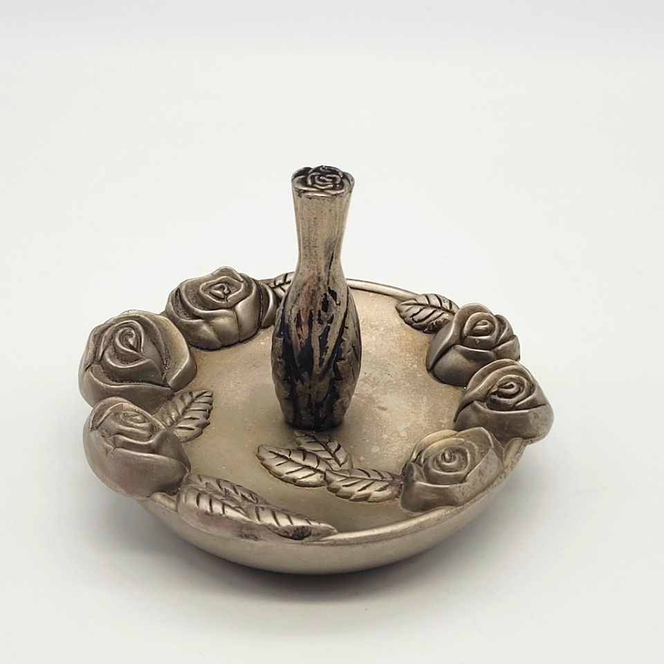 Vintage Ornate Godinger Pewter Jewelry Ring Holder Pretty Roses 20$